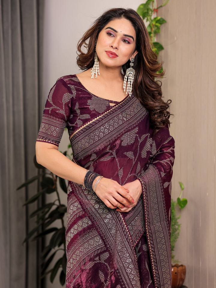 Wine Plum Fendi Satin Leafy Floral Block & Foil Printed Saree with Geometric Border, Tassel Edges & Attached Blouse