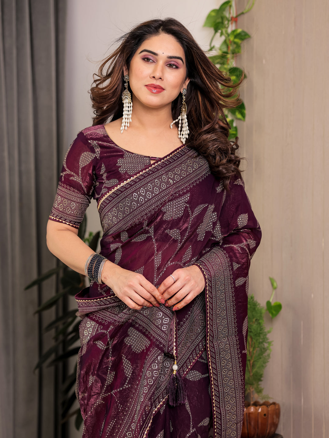 Wine Plum Fendi Satin Leafy Floral Block & Foil Printed Saree with Geometric Border, Tassel Edges & Attached Blouse