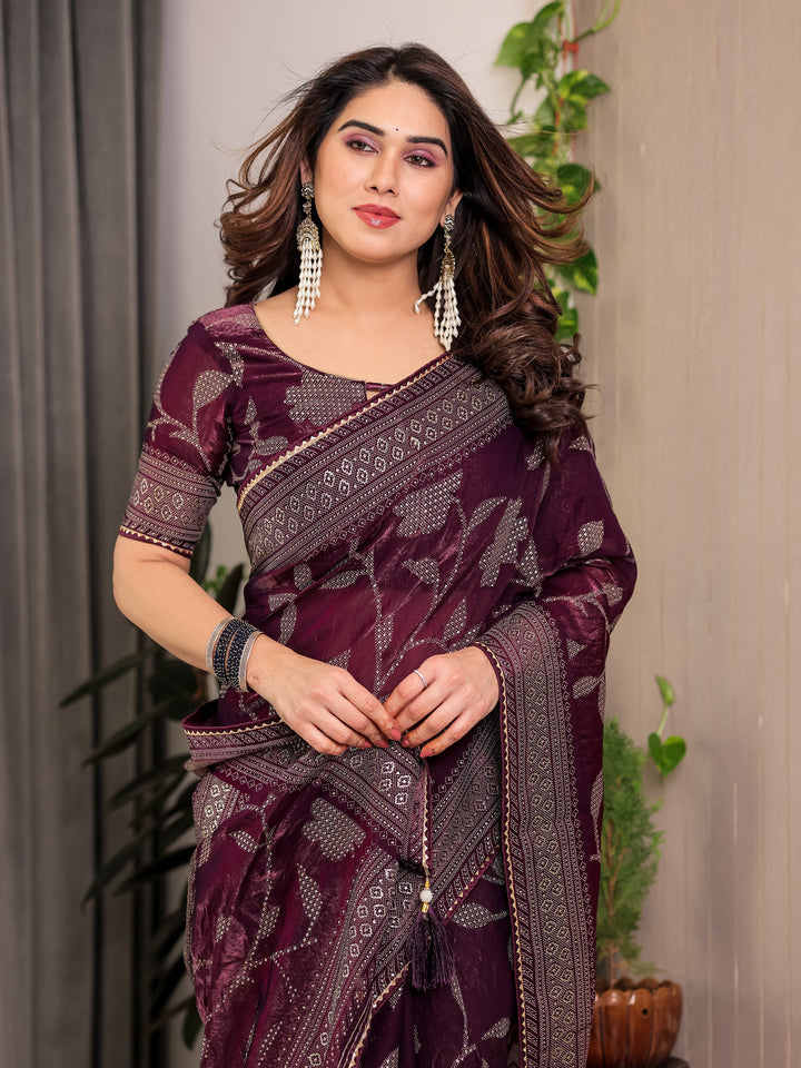 Wine Plum Fendi Satin Leafy Floral Block & Foil Printed Saree with Geometric Border, Tassel Edges & Attached Blouse