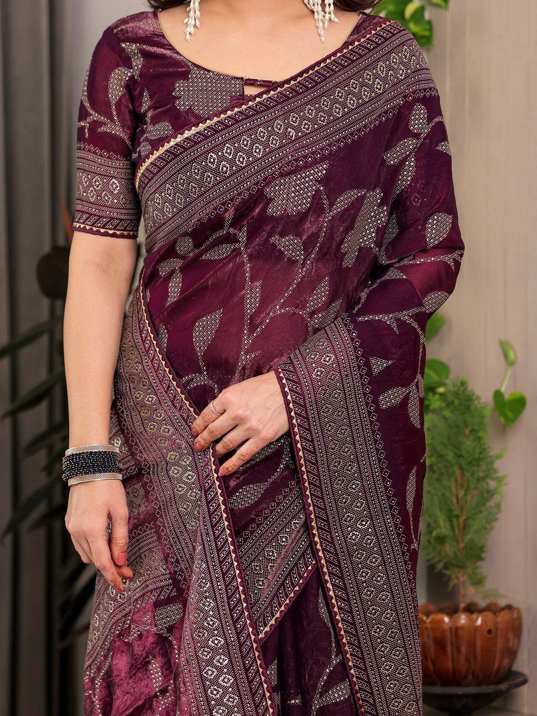 Wine Plum Fendi Satin Leafy Floral Block & Foil Printed Saree with Geometric Border, Tassel Edges & Attached Blouse