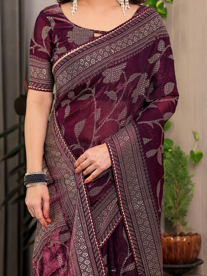 Wine Plum Fendi Satin Leafy Floral Block & Foil Printed Saree with Geometric Border, Tassel Edges & Attached Blouse