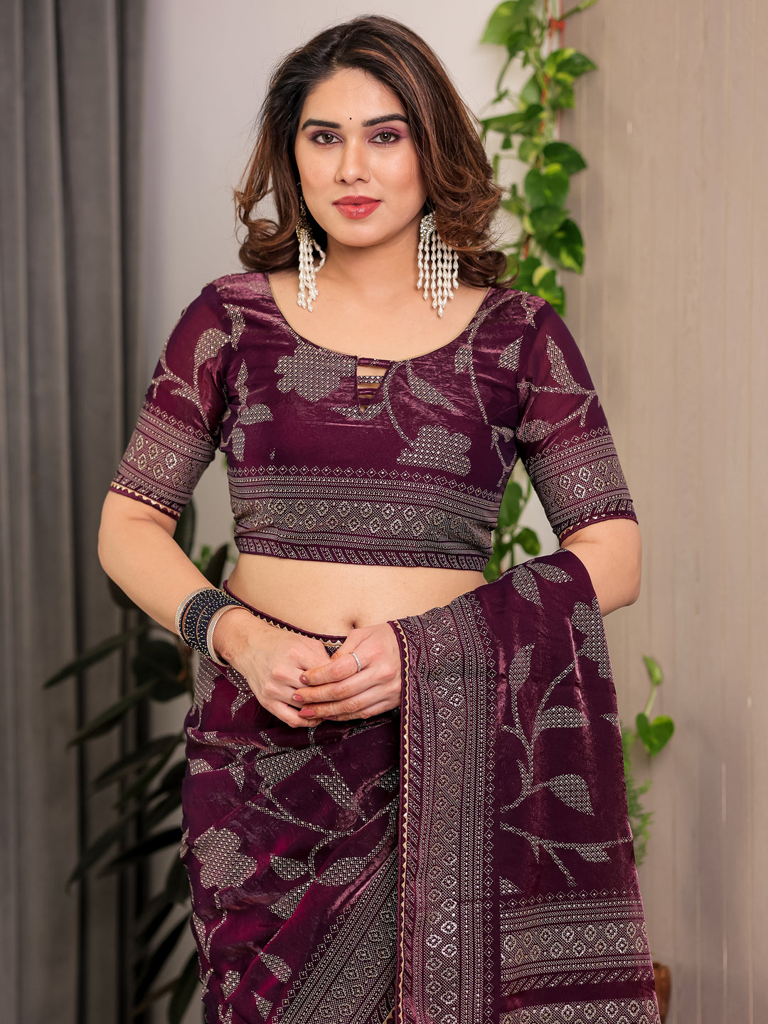 Wine Plum Fendi Satin Leafy Floral Block & Foil Printed Saree with Geometric Border, Tassel Edges & Attached Blouse