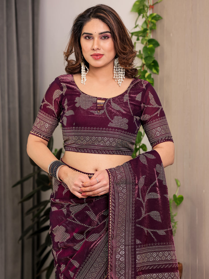 Wine Plum Fendi Satin Leafy Floral Block & Foil Printed Saree with Geometric Border, Tassel Edges & Attached Blouse