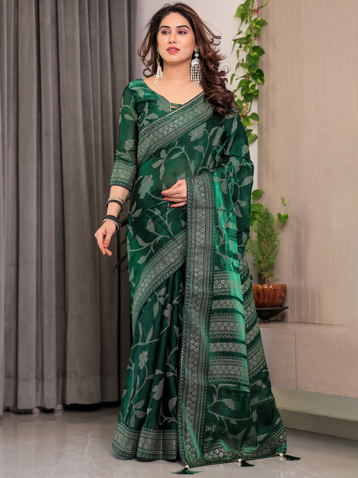 Emerald Green Fendi Satin Leafy Floral Block & Foil Printed Saree with Ornamental Border, Tassel Edges & Attached Blouse