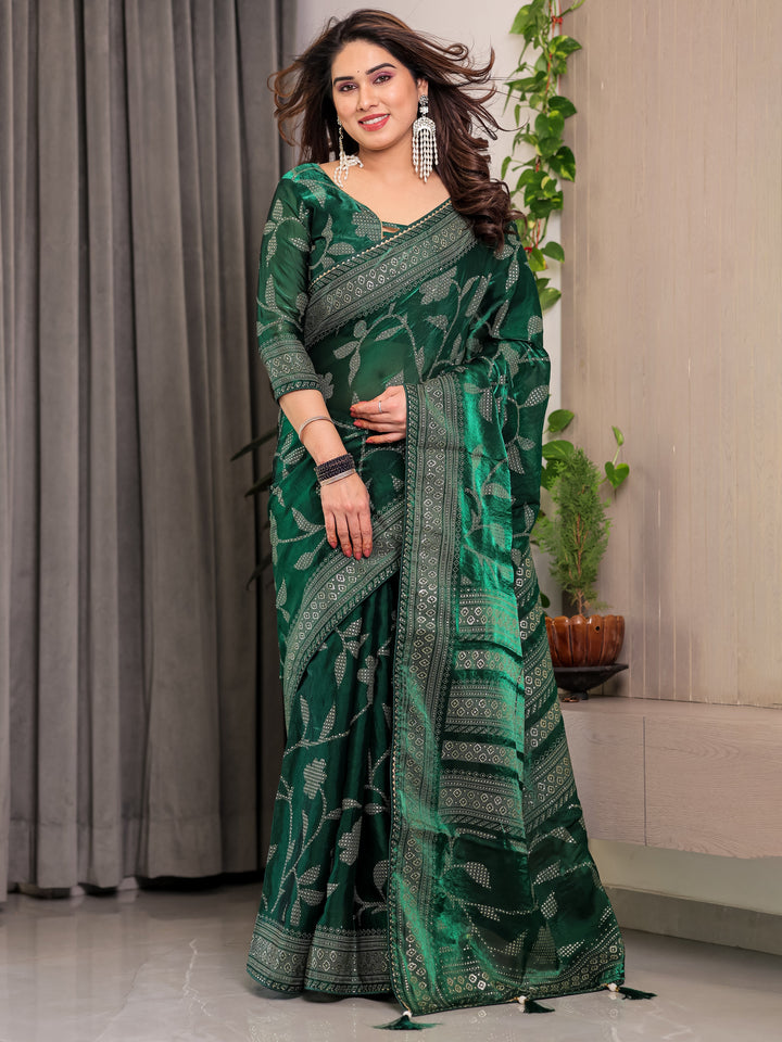 Emerald Green Fendi Satin Leafy Floral Block & Foil Printed Saree with Ornamental Border, Tassel Edges & Attached Blouse
