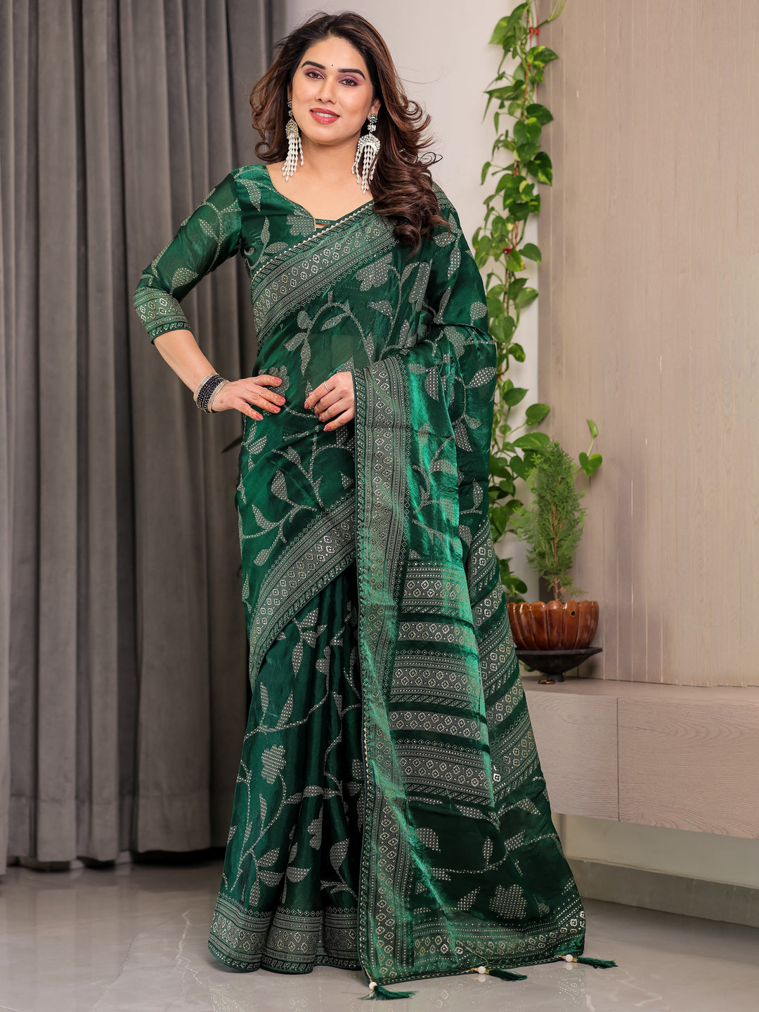 Emerald Green Fendi Satin Leafy Floral Block & Foil Printed Saree with Ornamental Border, Tassel Edges & Attached Blouse