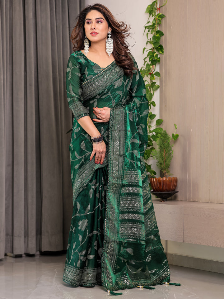 Emerald Green Fendi Satin Leafy Floral Block & Foil Printed Saree with Ornamental Border, Tassel Edges & Attached Blouse