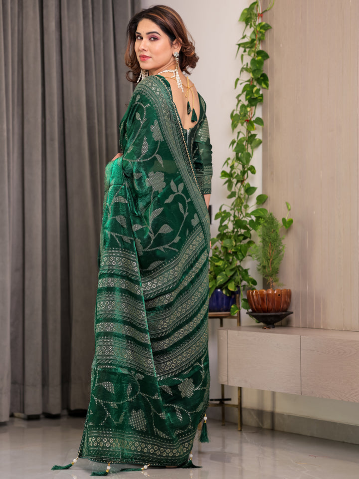 Emerald Green Fendi Satin Leafy Floral Block & Foil Printed Saree with Ornamental Border, Tassel Edges & Attached Blouse