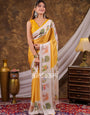 Vantara Mustard Yellow Satin Chiffon Printed Saree with Wildlife & Nature Print, Designer Tassel Pallu & Matching Blouse Piece