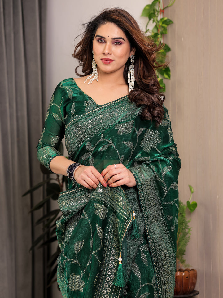 Emerald Green Fendi Satin Leafy Floral Block & Foil Printed Saree with Ornamental Border, Tassel Edges & Attached Blouse