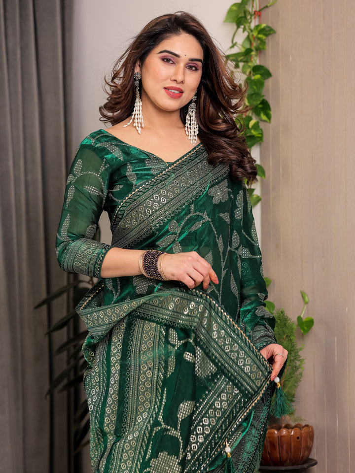 Emerald Green Fendi Satin Leafy Floral Block & Foil Printed Saree with Ornamental Border, Tassel Edges & Attached Blouse