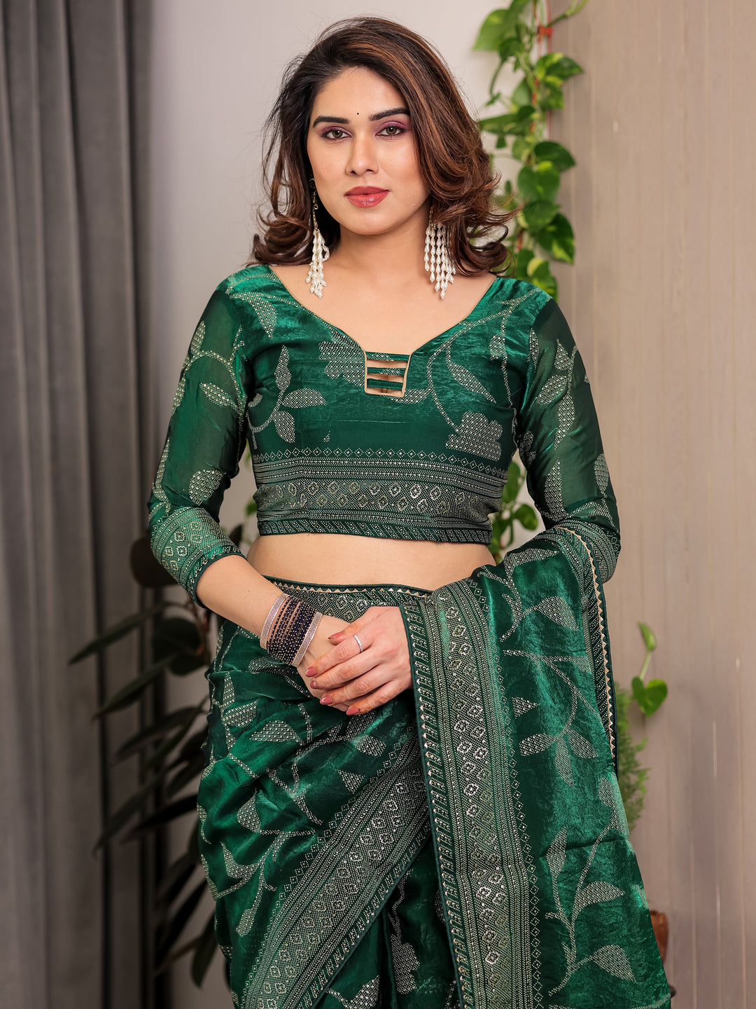 Emerald Green Fendi Satin Leafy Floral Block & Foil Printed Saree with Ornamental Border, Tassel Edges & Attached Blouse