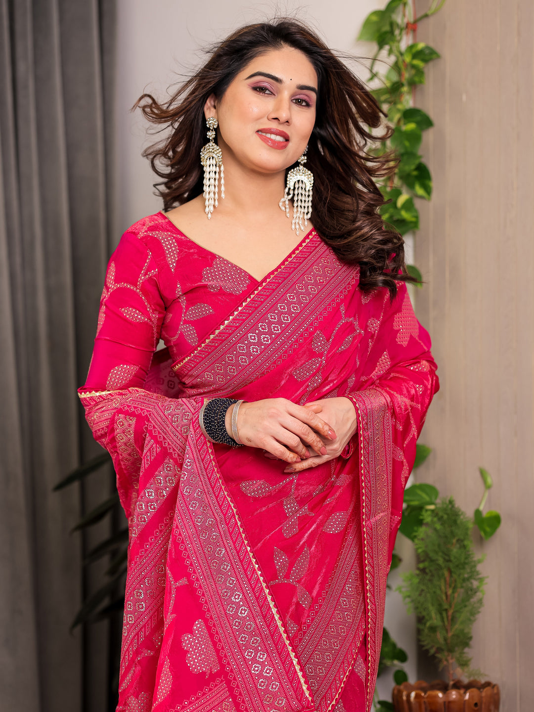 Rani Pink Fendi Satin Leafy Floral Block & Foil Printed Saree with Ornamental Border, Tassel Edges & Attached Blouse