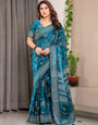 Teal Blue Fendi Satin Leafy Floral Block & Foil Printed Saree with Ornamental Border, Tassel Edges & Attached Blouse