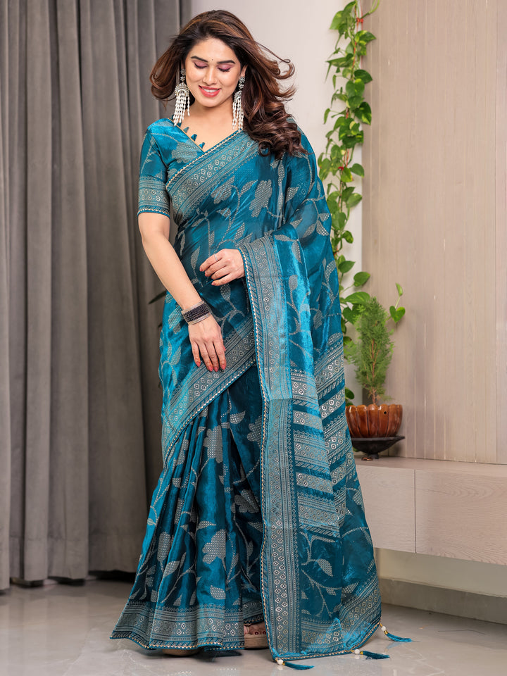 Teal Blue Fendi Satin Leafy Floral Block & Foil Printed Saree with Ornamental Border, Tassel Edges & Attached Blouse