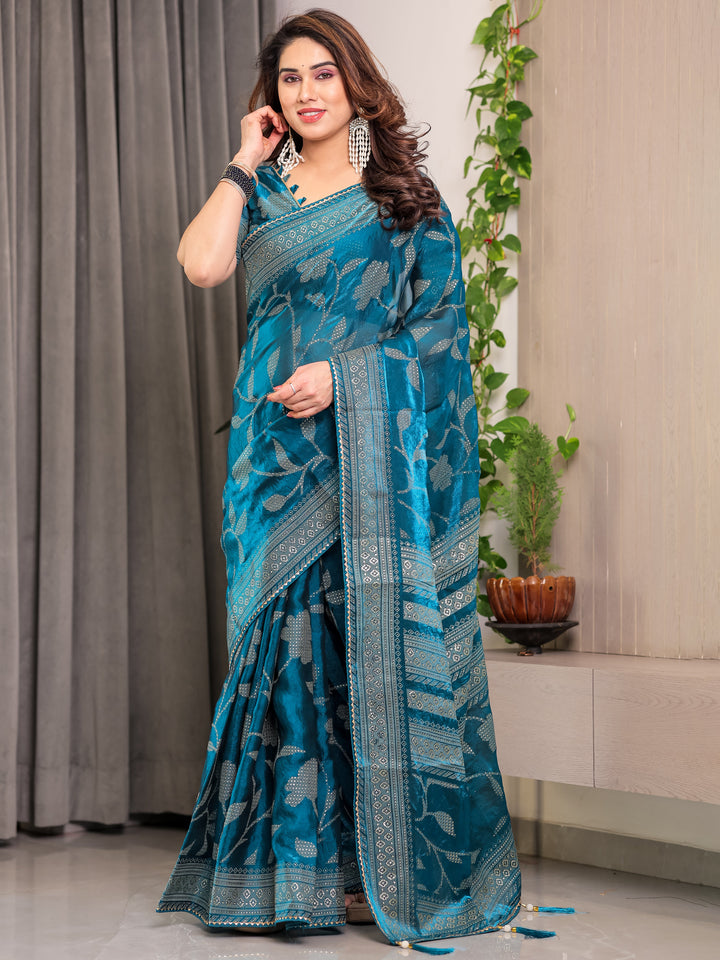 Teal Blue Fendi Satin Leafy Floral Block & Foil Printed Saree with Ornamental Border, Tassel Edges & Attached Blouse