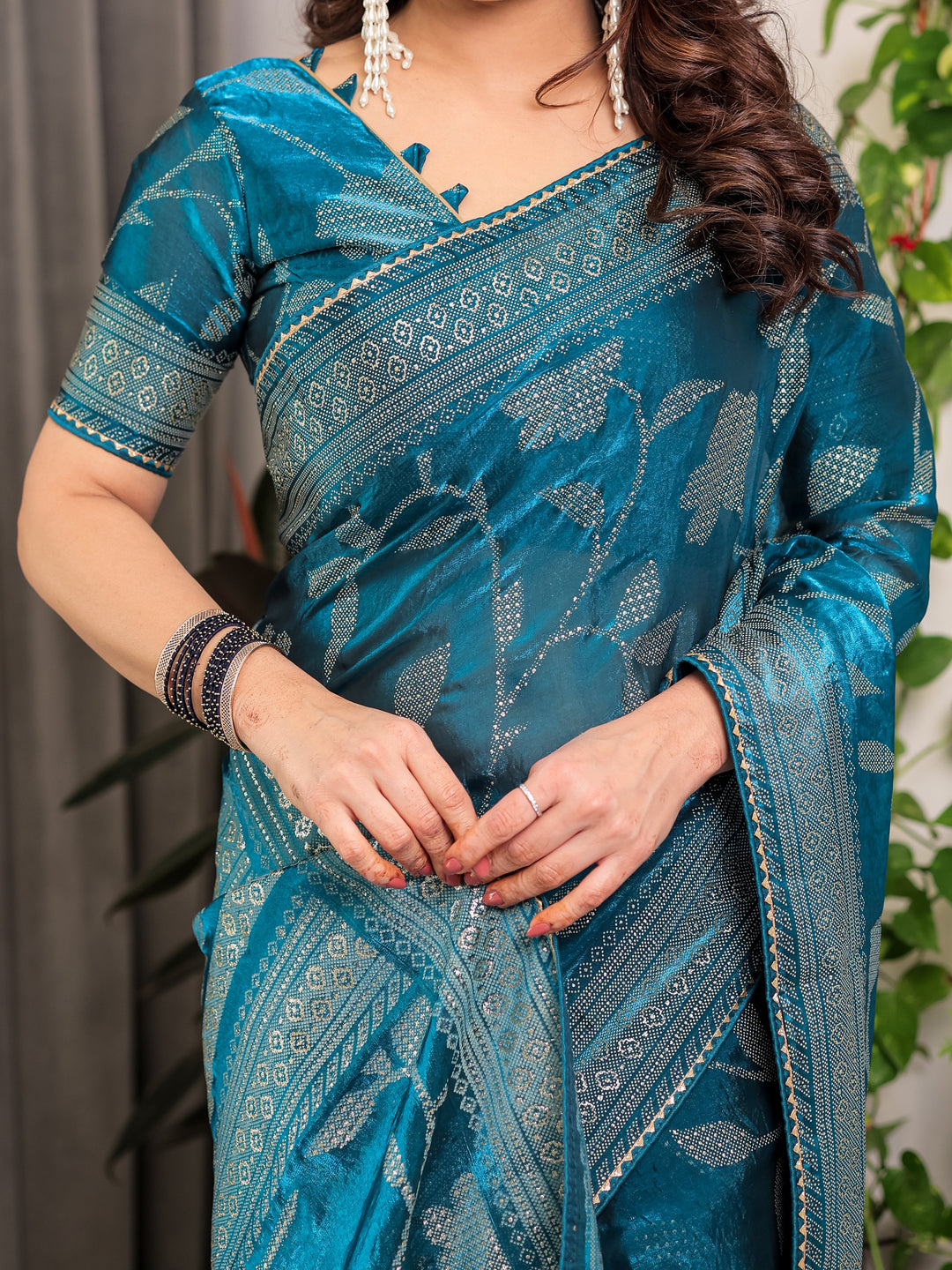 Teal Blue Fendi Satin Leafy Floral Block & Foil Printed Saree with Ornamental Border, Tassel Edges & Attached Blouse