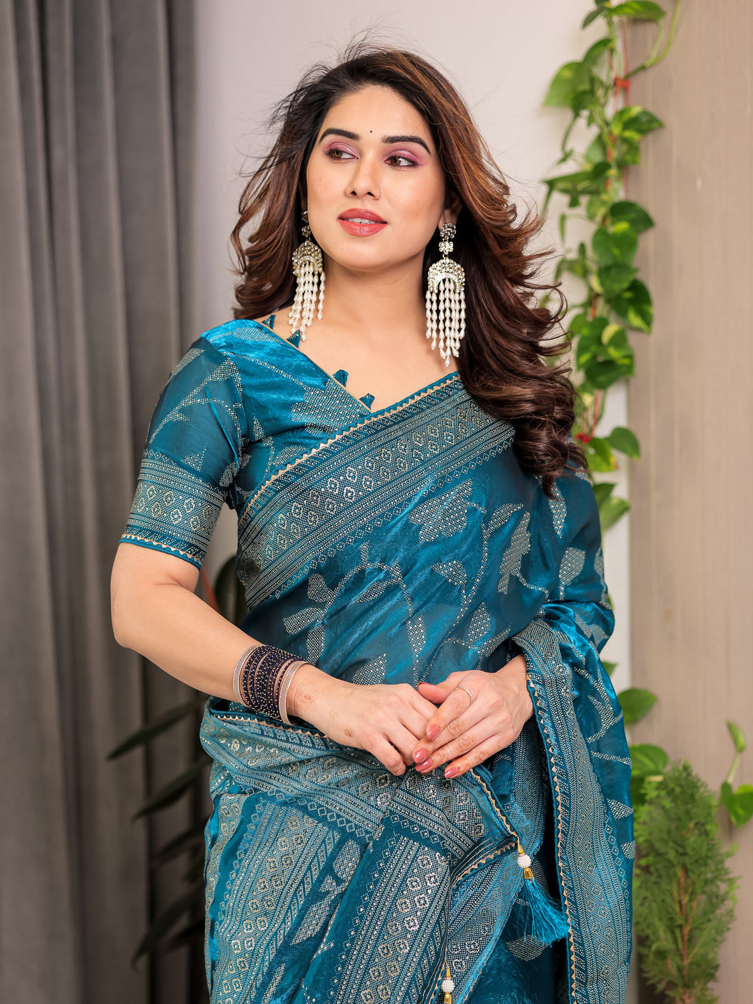 Teal Blue Fendi Satin Leafy Floral Block & Foil Printed Saree with Ornamental Border, Tassel Edges & Attached Blouse
