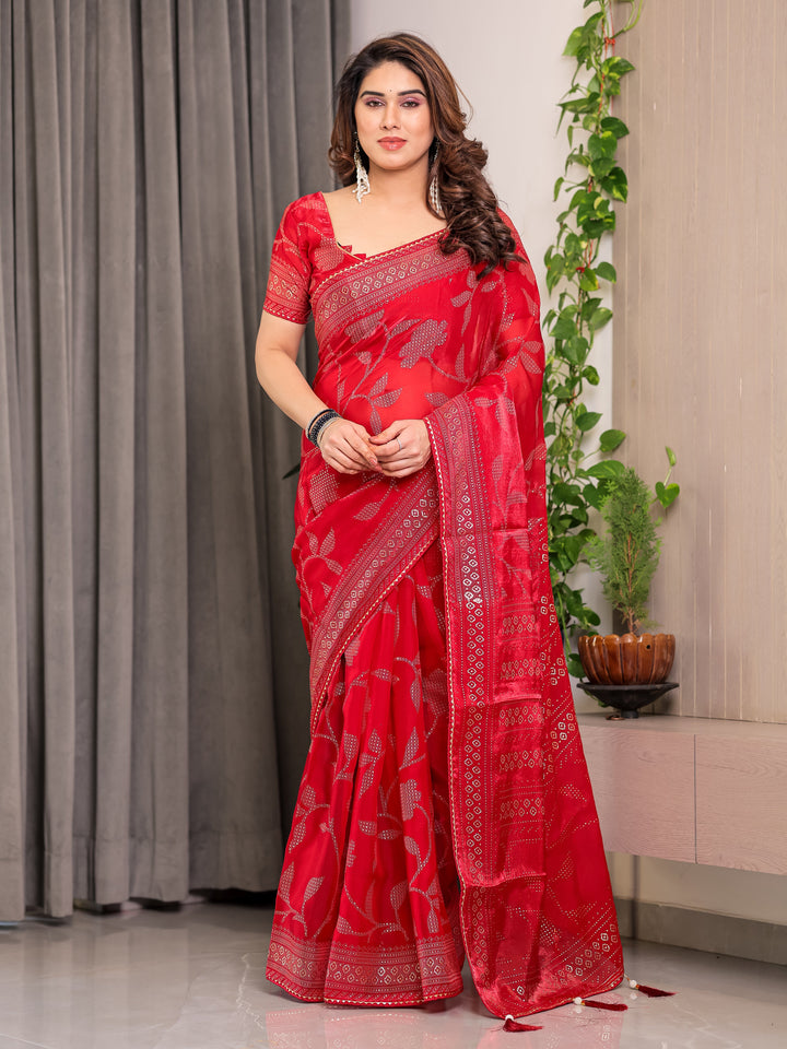 Crimson Red Fendi Satin Leafy Floral Block & Foil Printed Saree with Ornamental Border, Tassel Edges & Attached Blouse