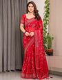Crimson Red Fendi Satin Leafy Floral Block & Foil Printed Saree with Ornamental Border, Tassel Edges & Attached Blouse