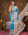 Vantara Aqua Blue Satin Chiffon Printed Saree with Wildlife & Nature Print, Designer Tassel Pallu & Matching Blouse Piece
