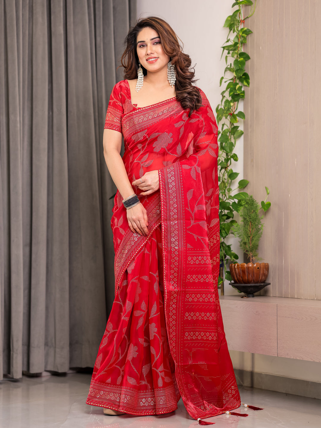 Crimson Red Fendi Satin Leafy Floral Block & Foil Printed Saree with Ornamental Border, Tassel Edges & Attached Blouse