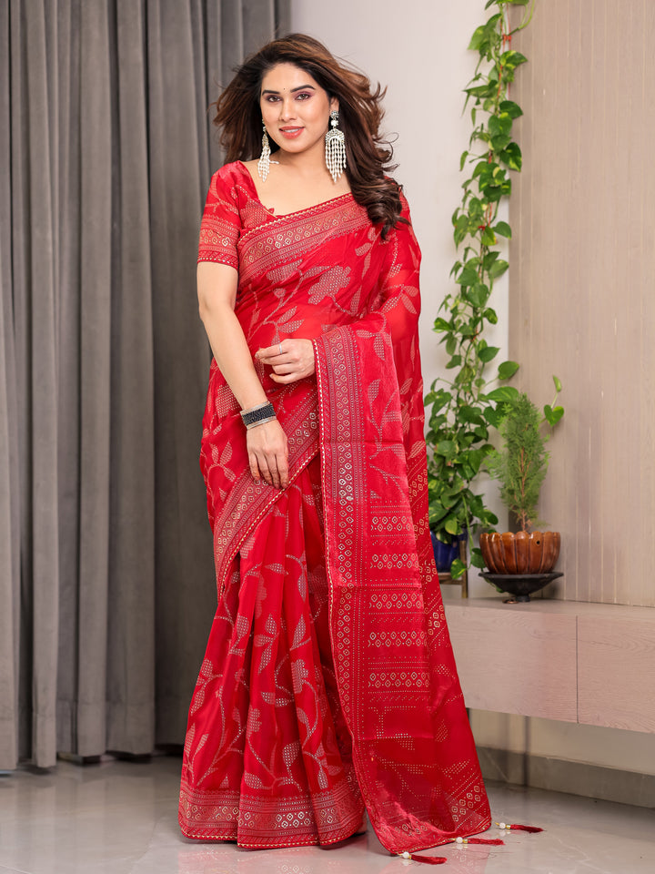 Crimson Red Fendi Satin Leafy Floral Block & Foil Printed Saree with Ornamental Border, Tassel Edges & Attached Blouse