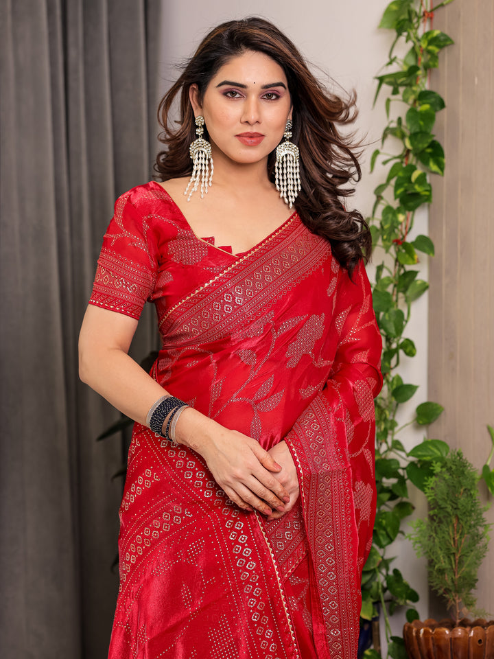 Crimson Red Fendi Satin Leafy Floral Block & Foil Printed Saree with Ornamental Border, Tassel Edges & Attached Blouse