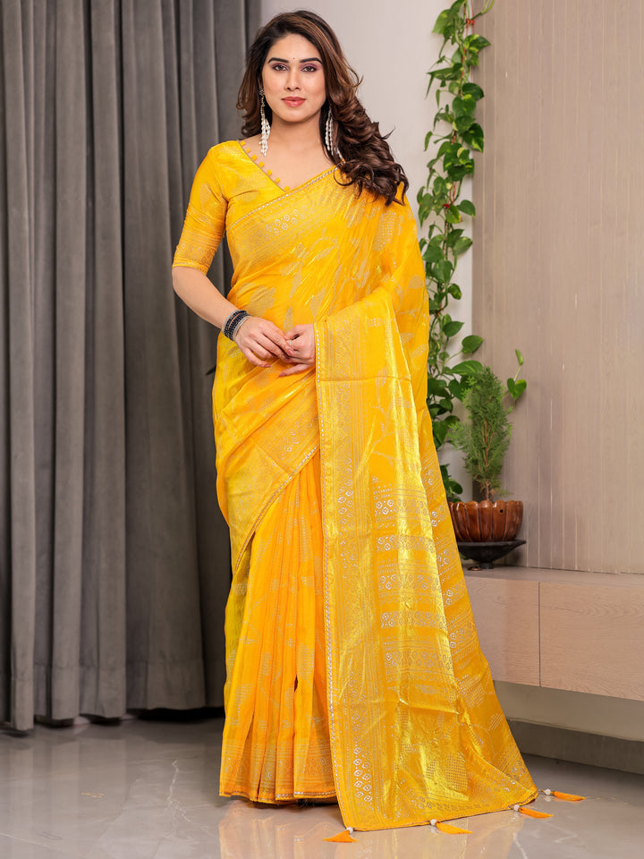 Sunshine Yellow Fendi Satin Leafy Floral Block & Foil Printed Saree with Ornamental Border, Tassel Edges & Attached Blouse