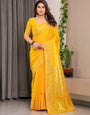 Sunshine Yellow Fendi Satin Leafy Floral Block & Foil Printed Saree with Ornamental Border, Tassel Edges & Attached Blouse