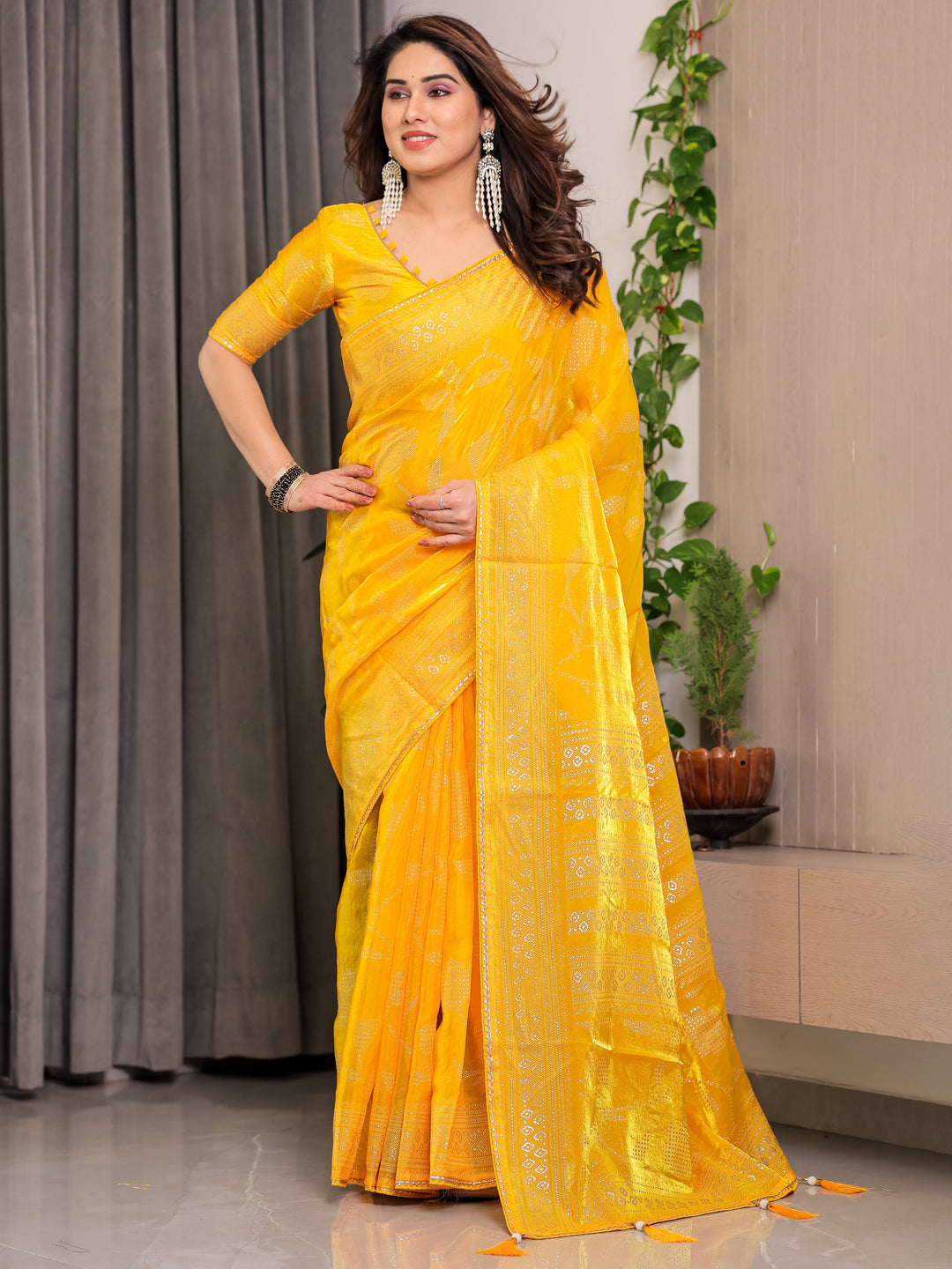 Sunshine Yellow Fendi Satin Leafy Floral Block & Foil Printed Saree with Ornamental Border, Tassel Edges & Attached Blouse