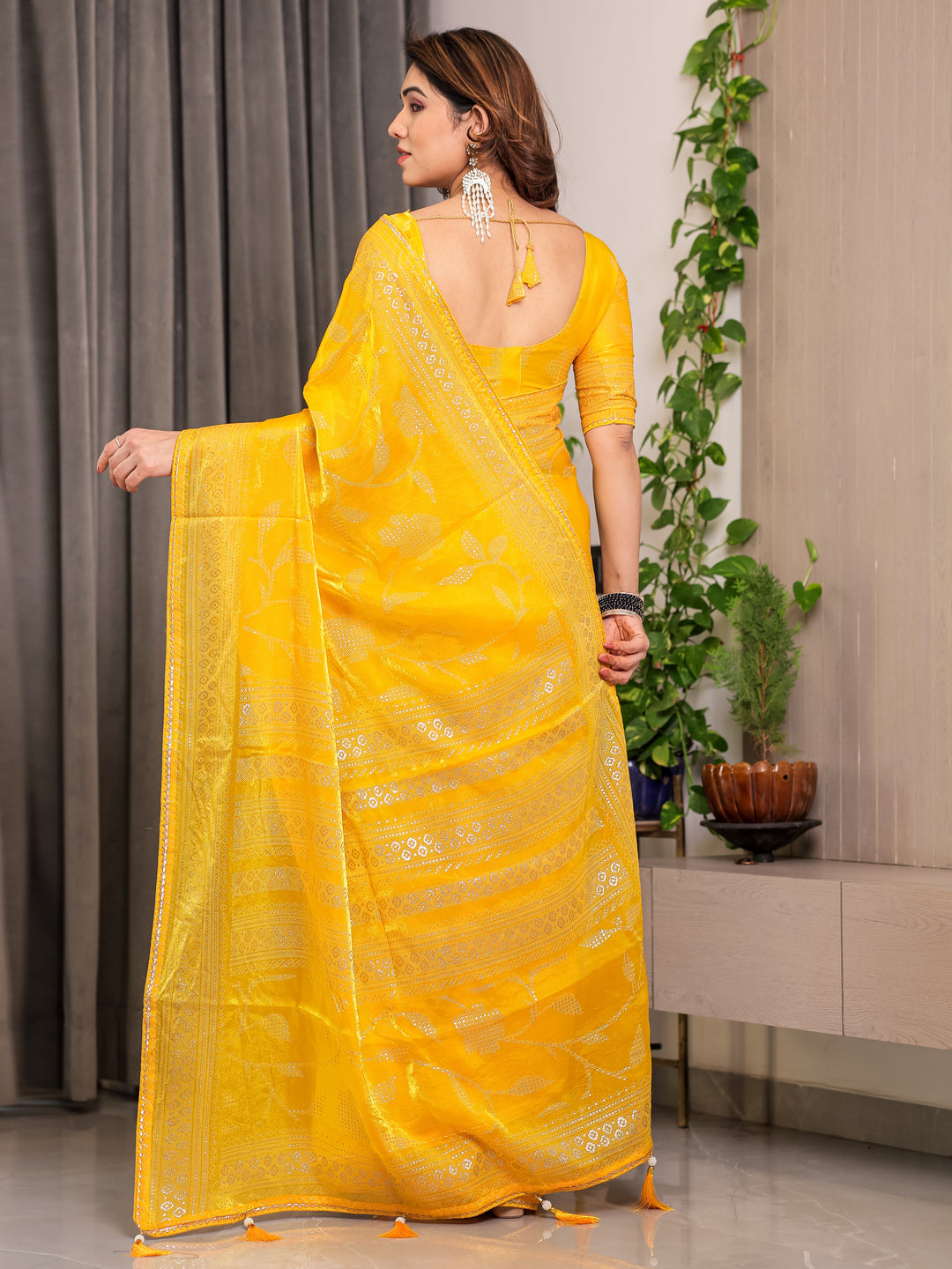 Sunshine Yellow Fendi Satin Leafy Floral Block & Foil Printed Saree with Ornamental Border, Tassel Edges & Attached Blouse