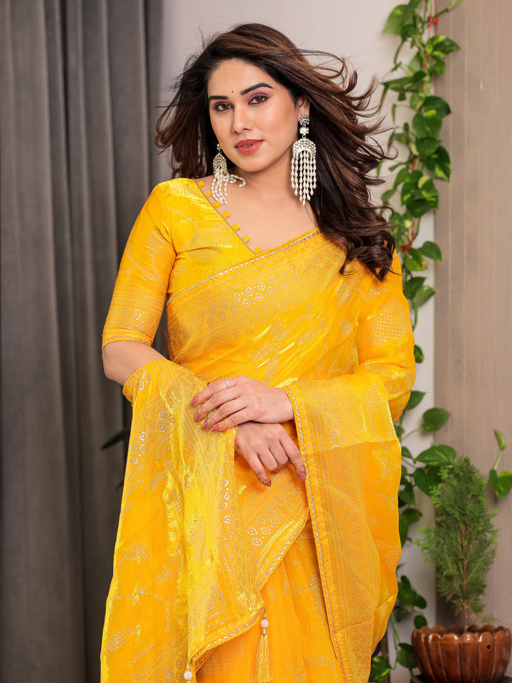 Sunshine Yellow Fendi Satin Leafy Floral Block & Foil Printed Saree with Ornamental Border, Tassel Edges & Attached Blouse