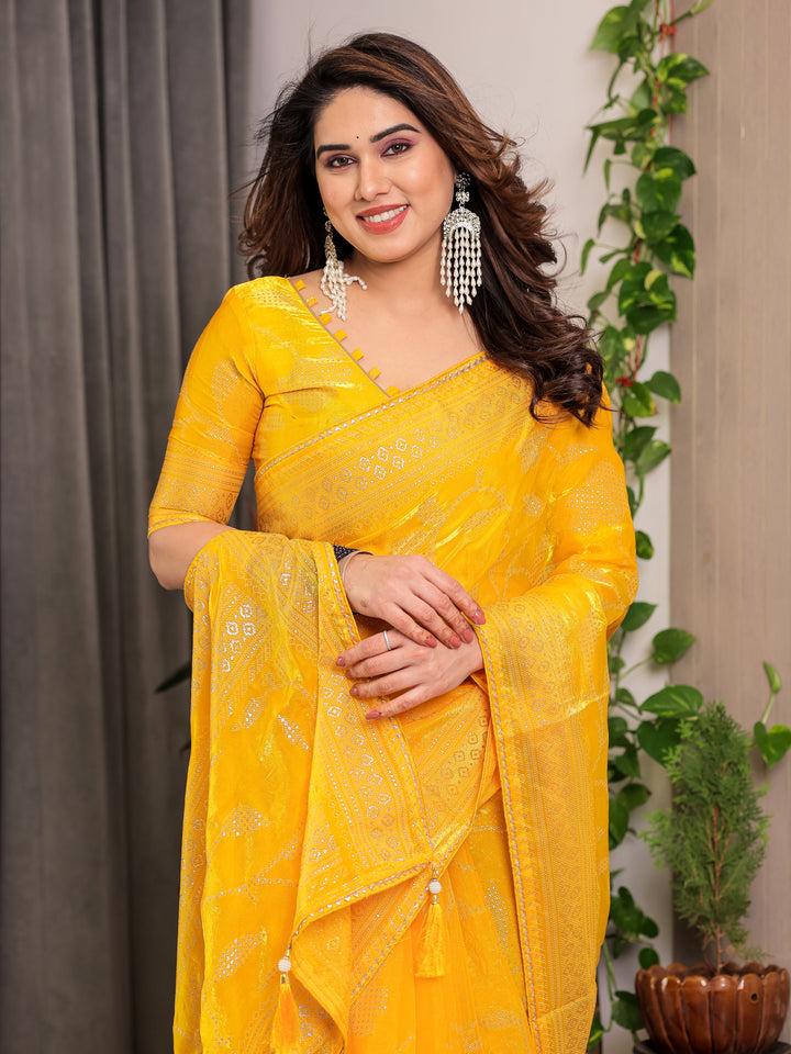 Sunshine Yellow Fendi Satin Leafy Floral Block & Foil Printed Saree with Ornamental Border, Tassel Edges & Attached Blouse
