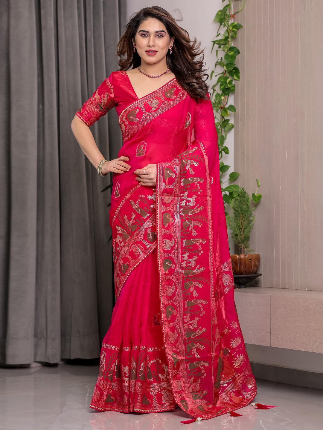 Royal Rani Pink Fendi Satin Peacock & Floral Block and Foil Printed Saree with Traditional Border, Tassel Edges & Attached Blouse