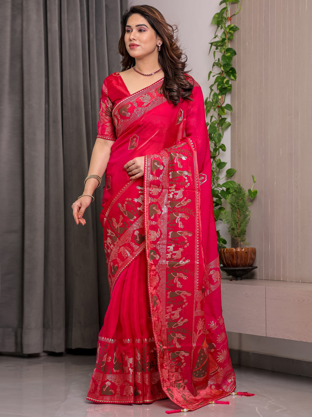 Royal Rani Pink Fendi Satin Peacock & Floral Block and Foil Printed Saree with Traditional Border, Tassel Edges & Attached Blouse