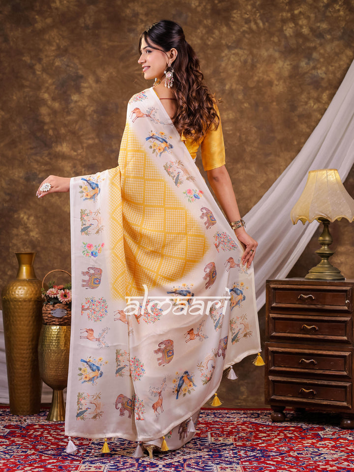 Vantara Mustard Yellow Satin Chiffon Printed Saree with Nature & Wildlife Print, Designer Tassel Pallu & Matching Blouse Piece