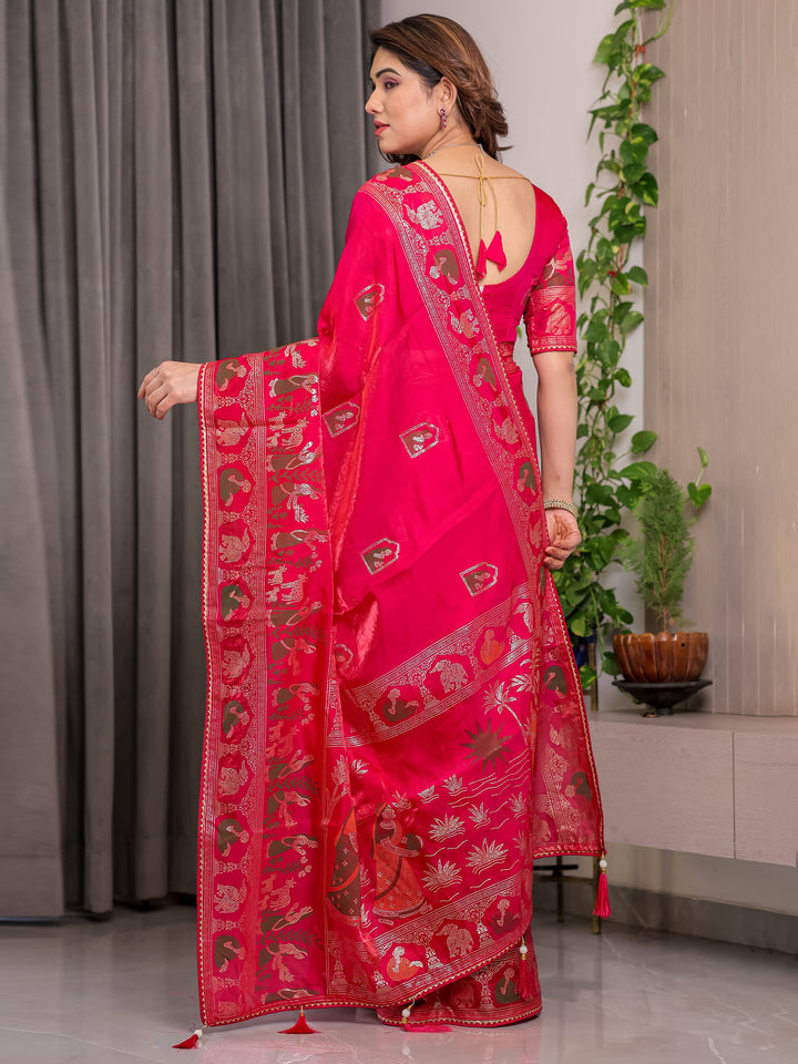 Royal Rani Pink Fendi Satin Peacock & Floral Block and Foil Printed Saree with Traditional Border, Tassel Edges & Attached Blouse