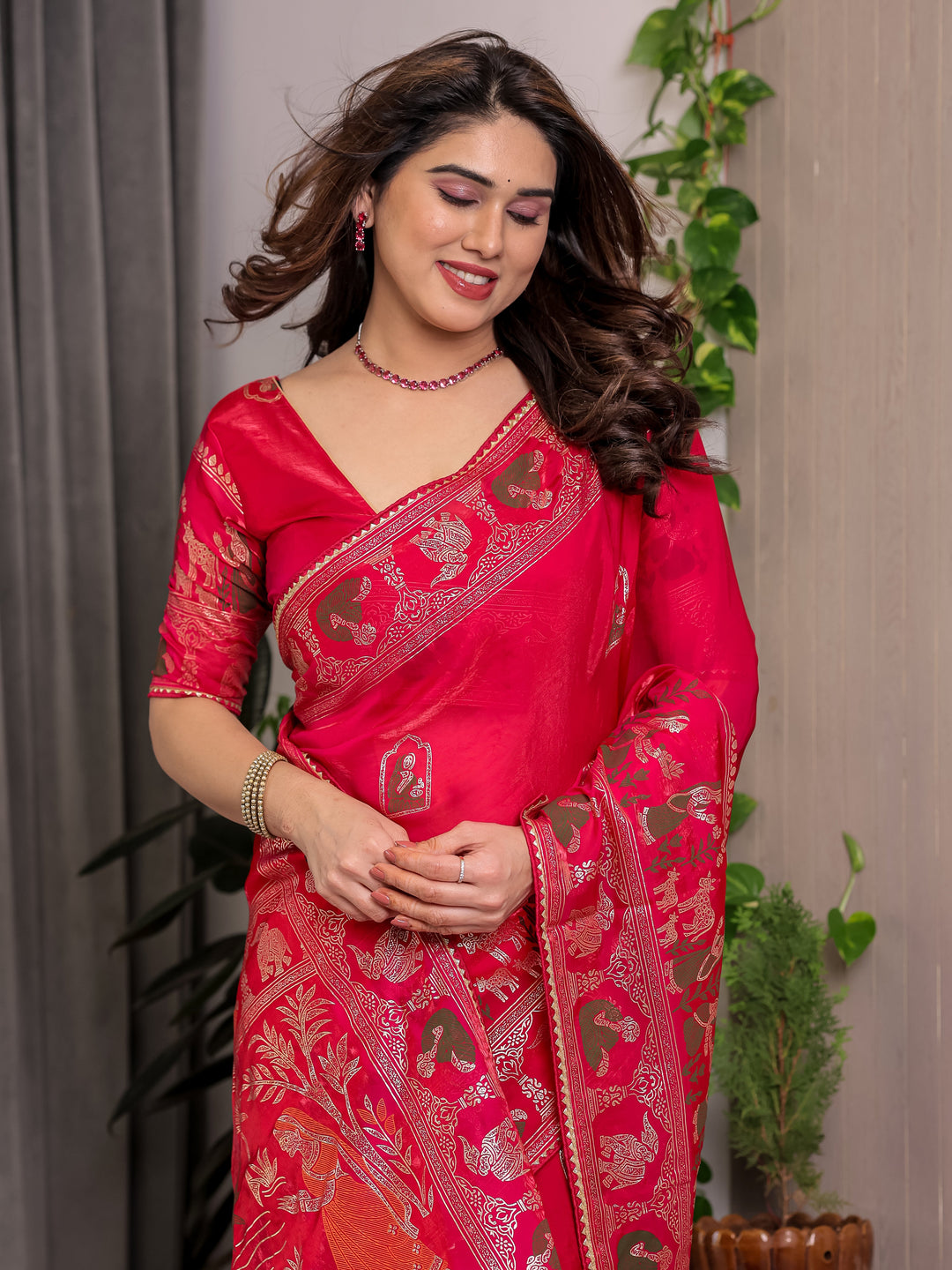 Royal Rani Pink Fendi Satin Peacock & Floral Block and Foil Printed Saree with Traditional Border, Tassel Edges & Attached Blouse