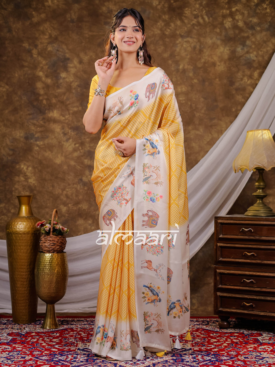 Vantara Mustard Yellow Satin Chiffon Printed Saree with Nature & Wildlife Print, Designer Tassel Pallu & Matching Blouse Piece