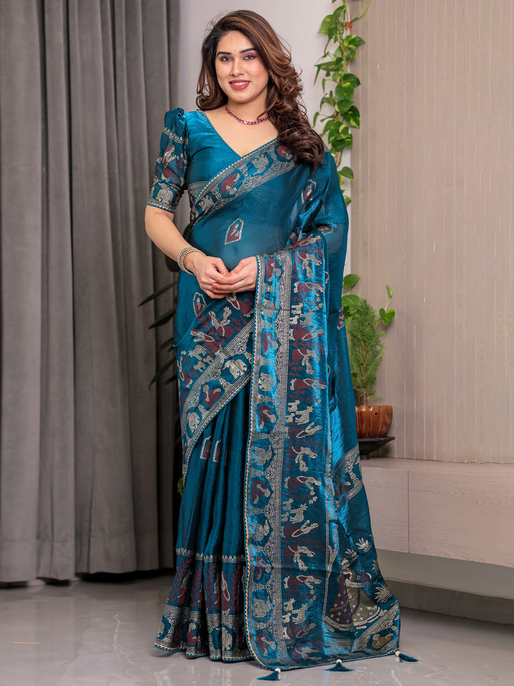 Peacock Teal Blue Fendi Satin Peacock & Floral Block and Foil Printed Saree with Traditional Border, Tassel Edges & Attached Blouse