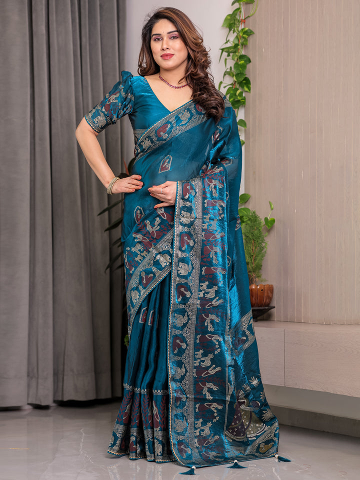Peacock Teal Blue Fendi Satin Peacock & Floral Block and Foil Printed Saree with Traditional Border, Tassel Edges & Attached Blouse