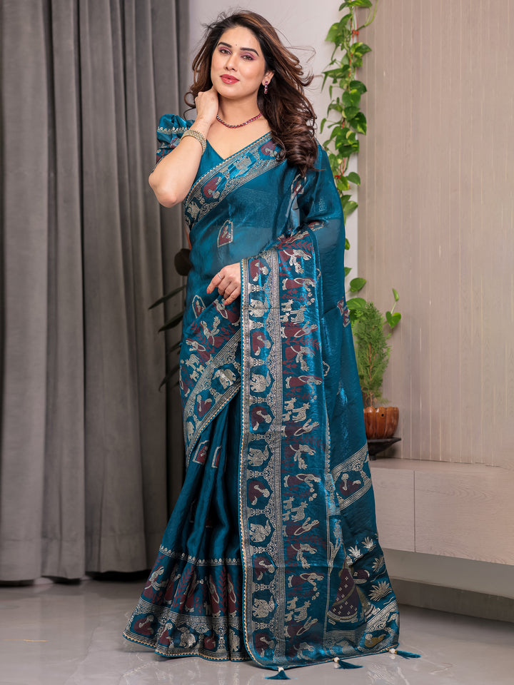 Peacock Teal Blue Fendi Satin Peacock & Floral Block and Foil Printed Saree with Traditional Border, Tassel Edges & Attached Blouse