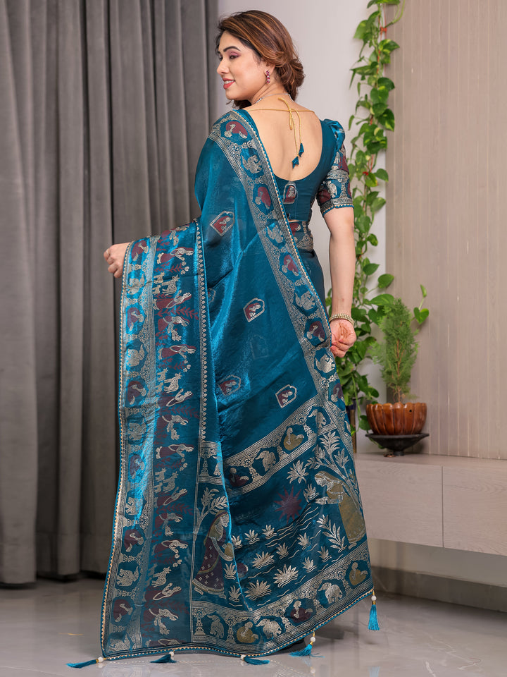 Peacock Teal Blue Fendi Satin Peacock & Floral Block and Foil Printed Saree with Traditional Border, Tassel Edges & Attached Blouse