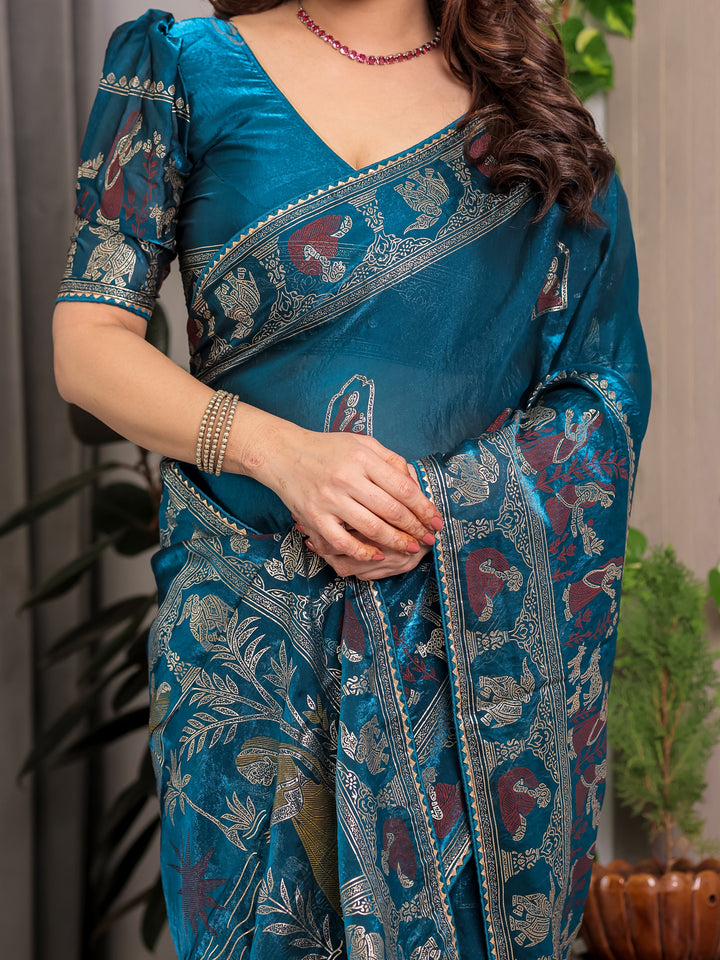 Peacock Teal Blue Fendi Satin Peacock & Floral Block and Foil Printed Saree with Traditional Border, Tassel Edges & Attached Blouse