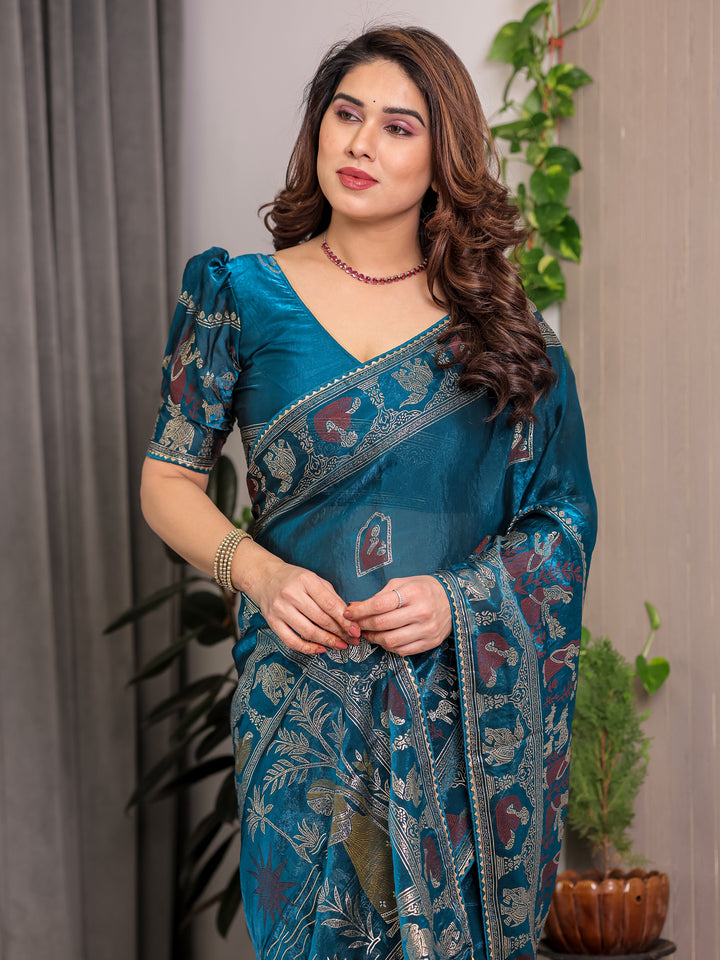 Peacock Teal Blue Fendi Satin Peacock & Floral Block and Foil Printed Saree with Traditional Border, Tassel Edges & Attached Blouse