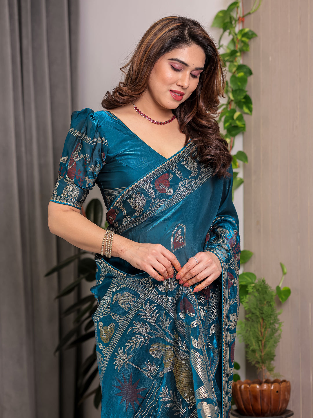 Peacock Teal Blue Fendi Satin Peacock & Floral Block and Foil Printed Saree with Traditional Border, Tassel Edges & Attached Blouse