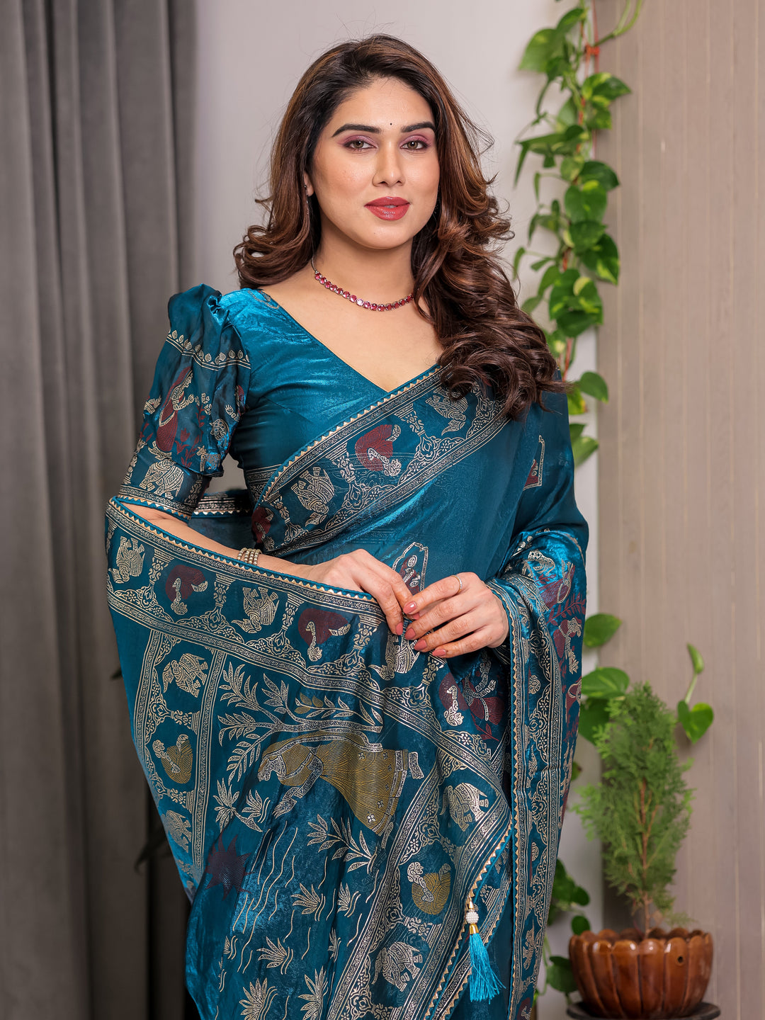 Peacock Teal Blue Fendi Satin Peacock & Floral Block and Foil Printed Saree with Traditional Border, Tassel Edges & Attached Blouse