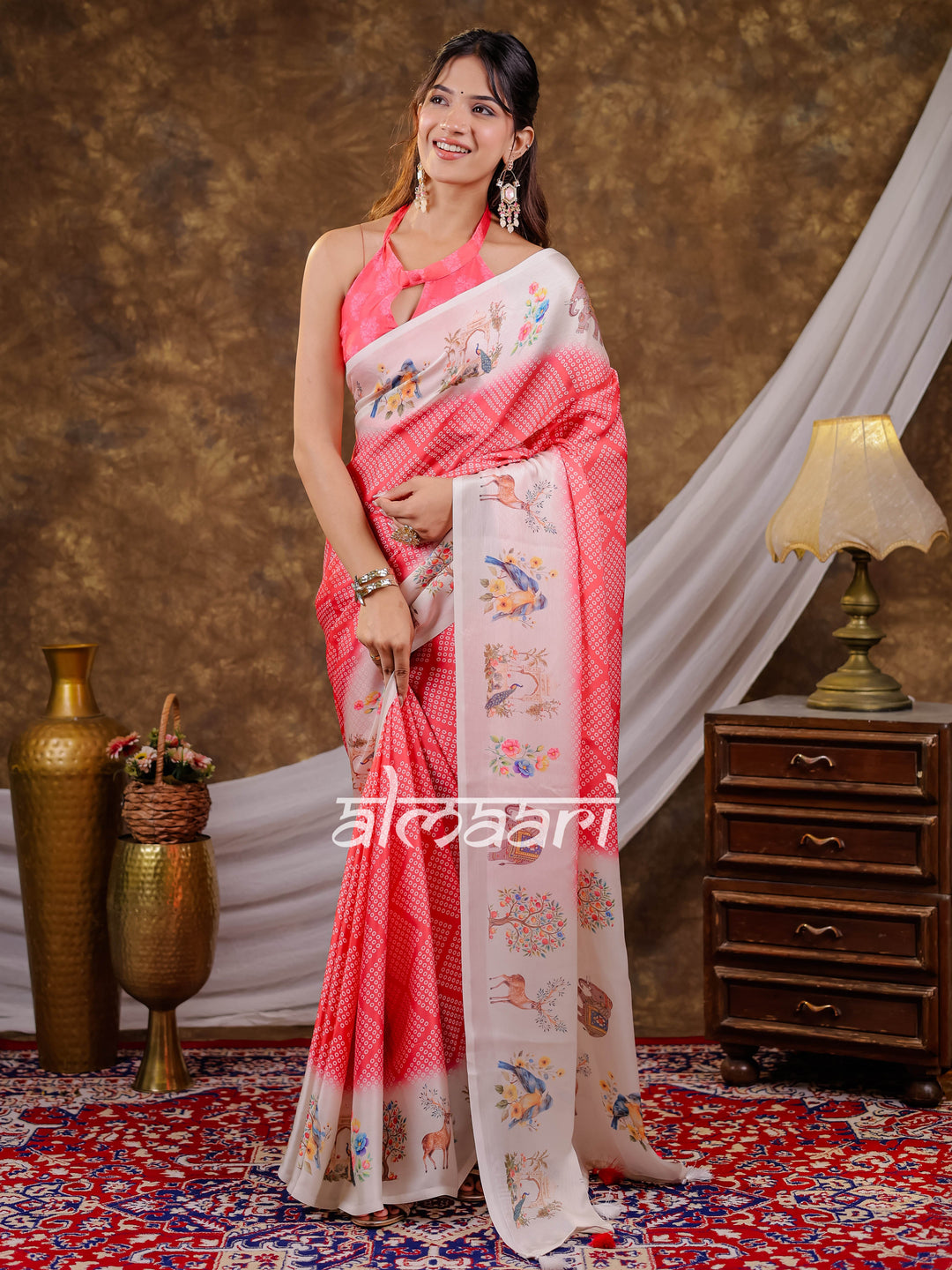 Vantara Coral Pink Satin Chiffon Printed Saree with Bird & Nature Print, Designer Tassel Pallu & Matching Blouse Piece