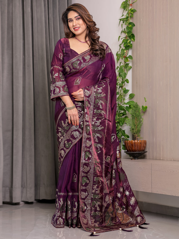Royal Wine Purple Fendi Satin Peacock & Floral Block and Foil Printed Saree with Traditional Border, Tassel Edges & Attached Blouse